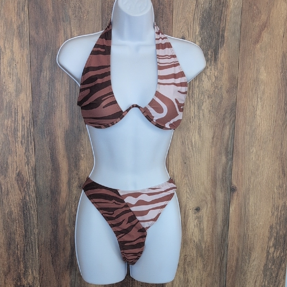 PrettyLittleThing Brown Zebra Print Bikini Set 8